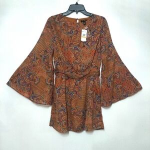 Jessica Simpson Orange Paisley Bell Sleeve Dress Boho Flowy Fall Sexy Dreamy